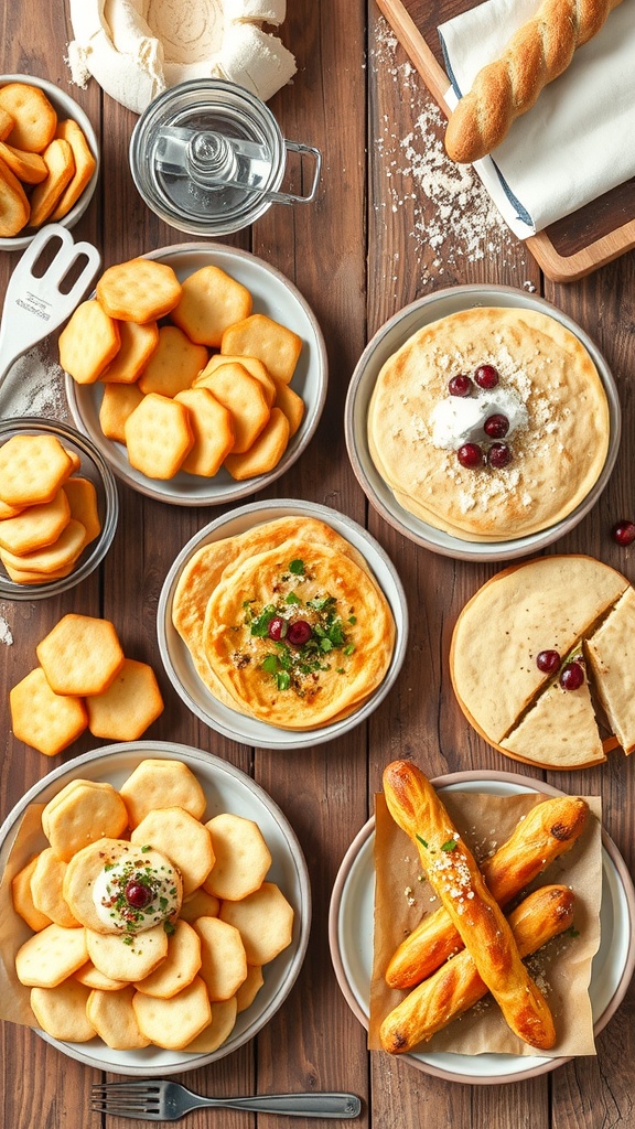 A variety of delicious dishes made from dough discard, including crackers, pancakes, and breadsticks on a rustic table.